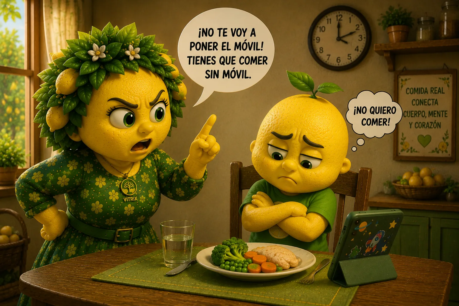Mamá Vitrix le dice a Limo que no le va a poner el móvil, Limo responde que no quiere comer
