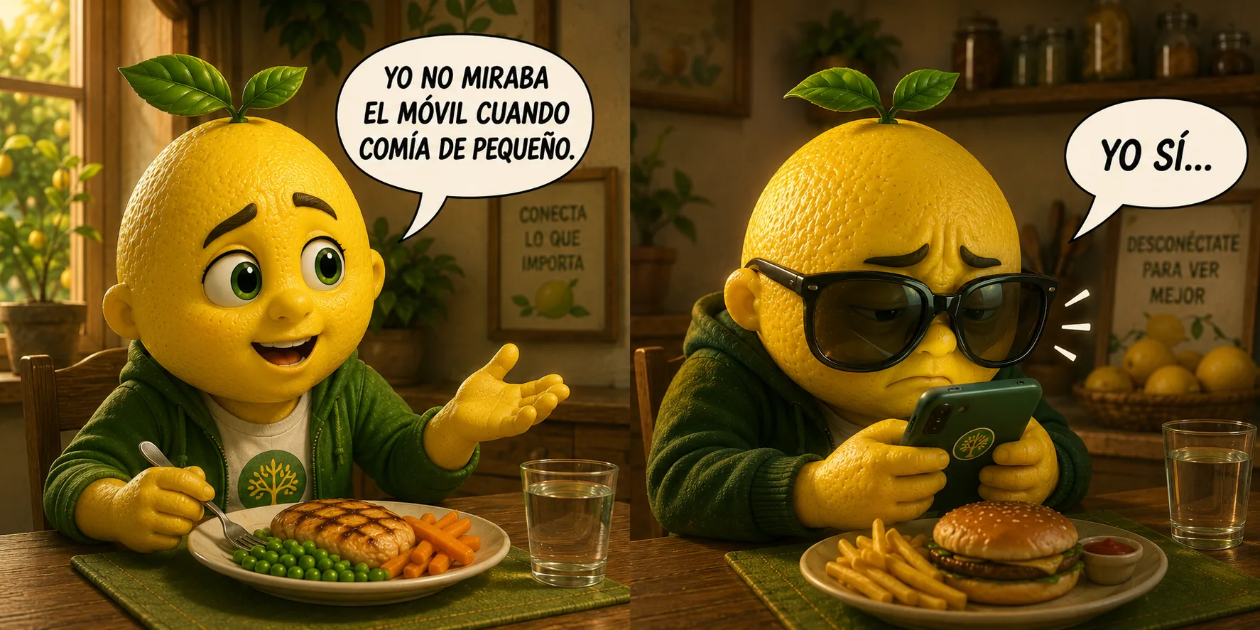 Dos limones adultos comparan su infancia: uno sin móvil en la mesa, comiendo sano y feliz; otro con gafas de sol, enganchado al móvil, comiendo comida rápida