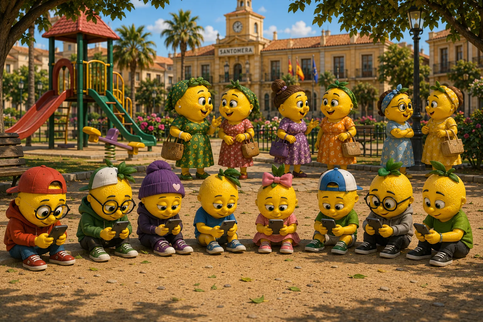 Un grupo de limones pequeños sentados en el parque, todos mirando el móvil, mientras las mamás charlan sin darse cuenta