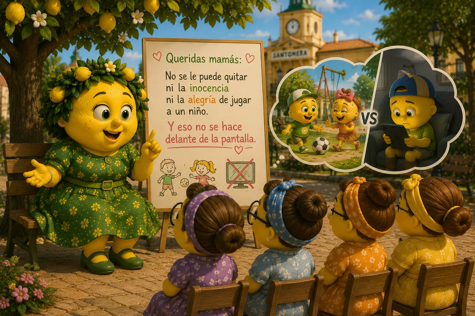 Mamá Vitrix, frente a un grupo de mamás, con un cartel que dice que no se le puede quitar la inocencia ni la alegría de jugar a un niño delante de una pantalla
